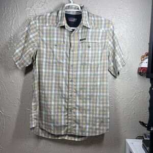 Wrangler Mens White Tan Short Sleeve Button Up Plaid Zip Pocket Shirt Sz Medium